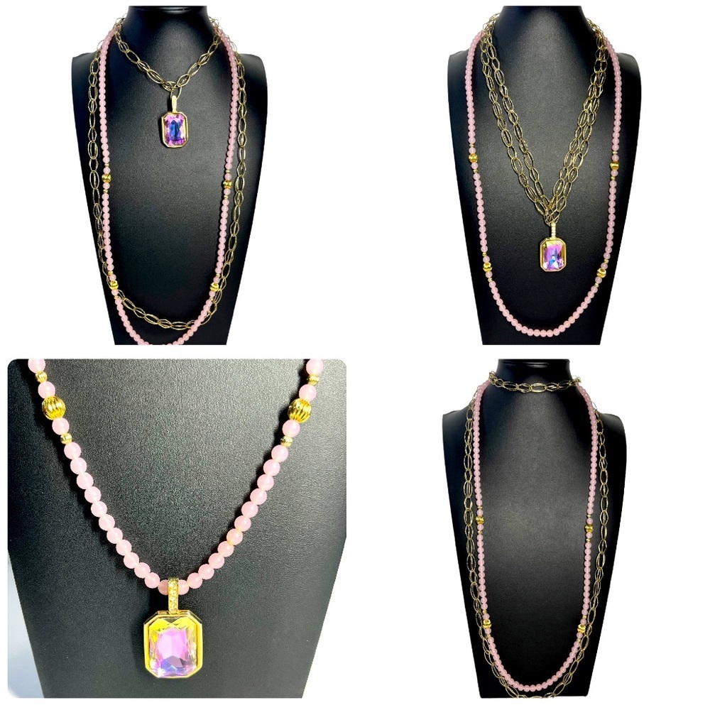 Trio Set Versatile Rose Quartz Beaded Necklace Crystal Pendant Gold Chain